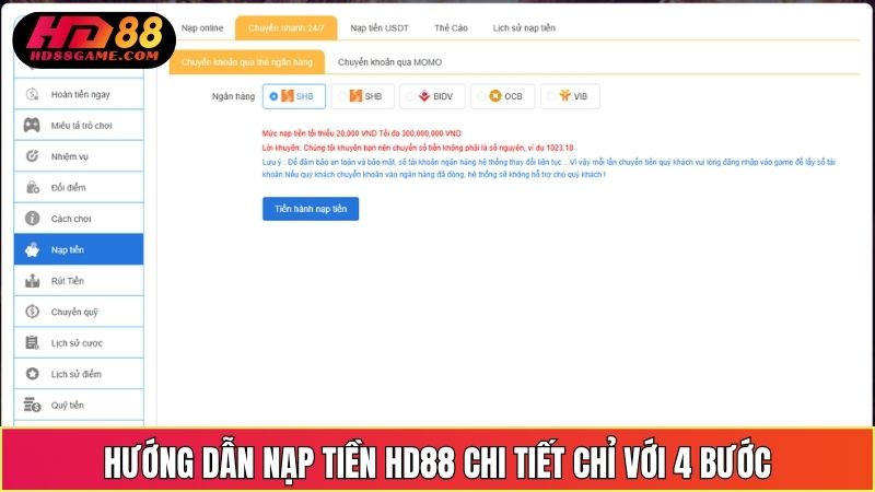 Hướng dẫn nạp tiền HD88 chi tiết chỉ với 4 bước
