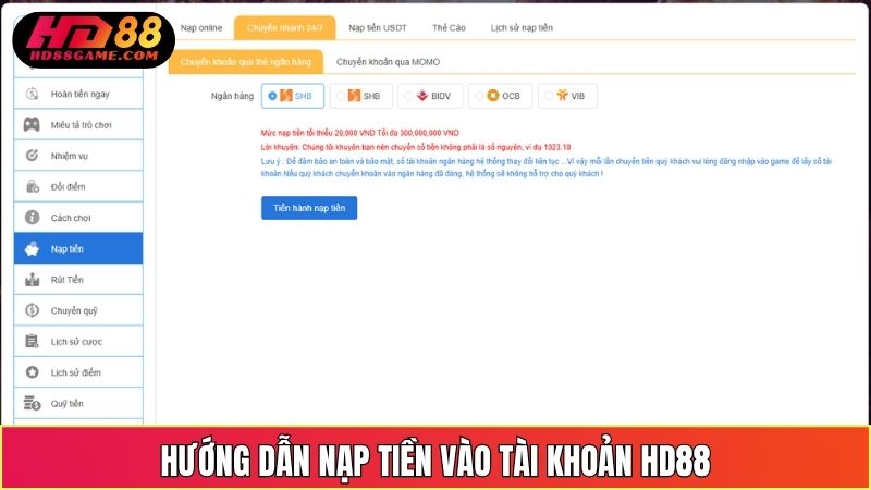 Hướng Dẫn Nạp Tiền Vào Tài Khoản Tại HD88