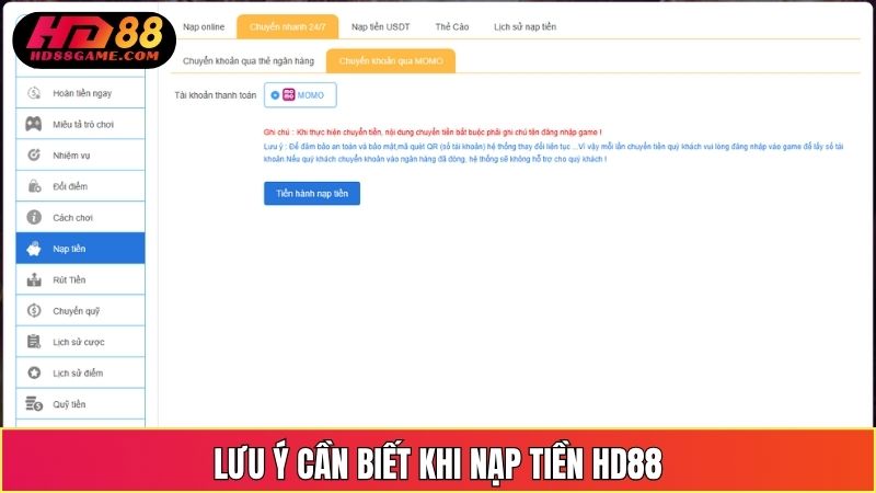 Lưu ý cần biết khi nạp tiền HD88